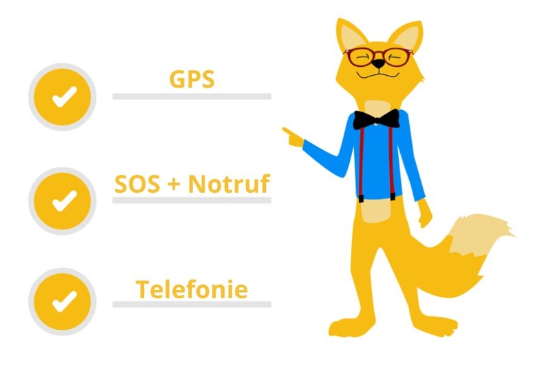 Man sieht den Smarthome-Fuchs, wie er die Funktionen einer Senioren-Smartwatch aufzeigt.